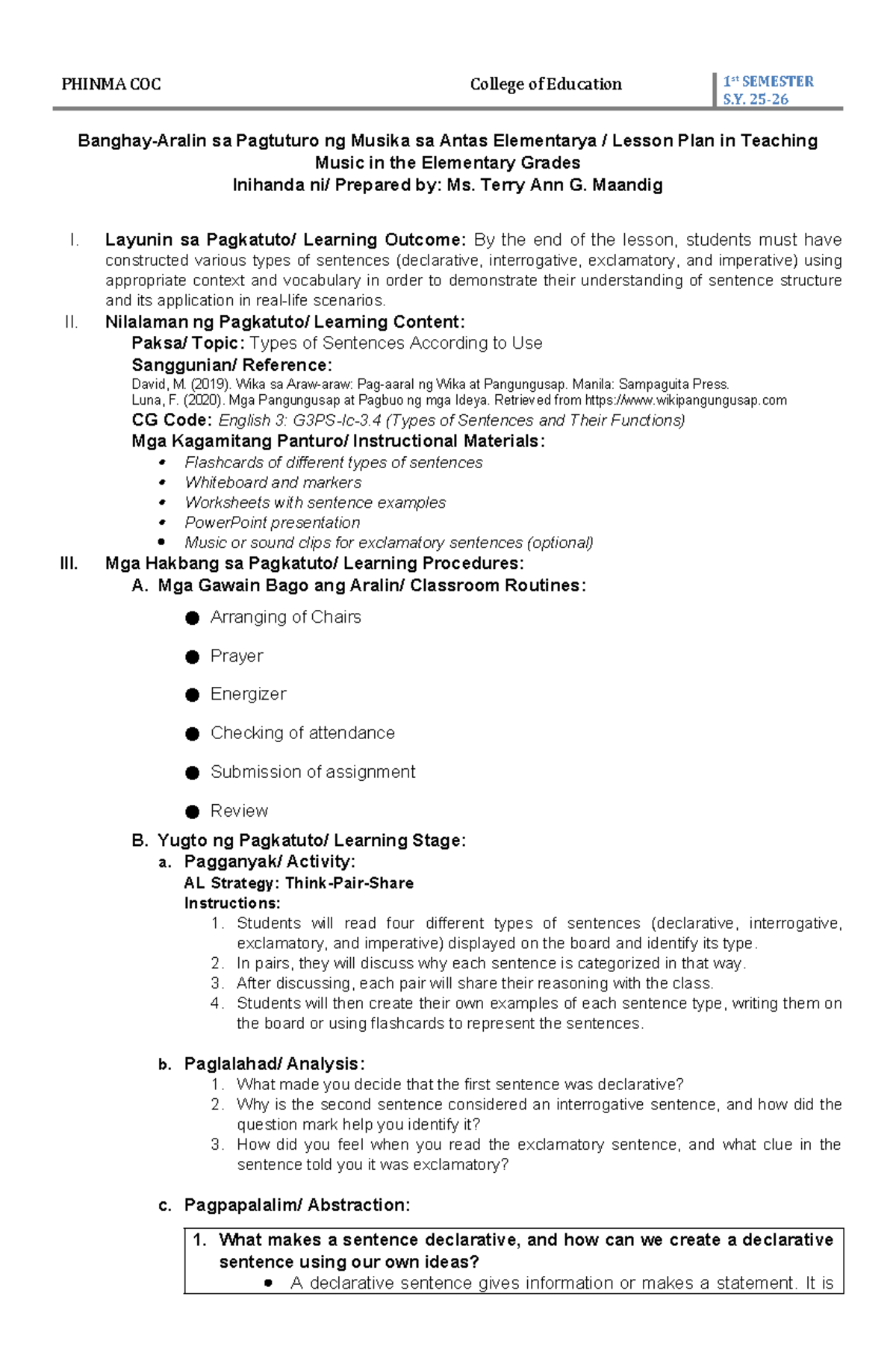 PHINMA COC College of Education 1st SEMESTER S.Y. Lesson Plan: Types of ...