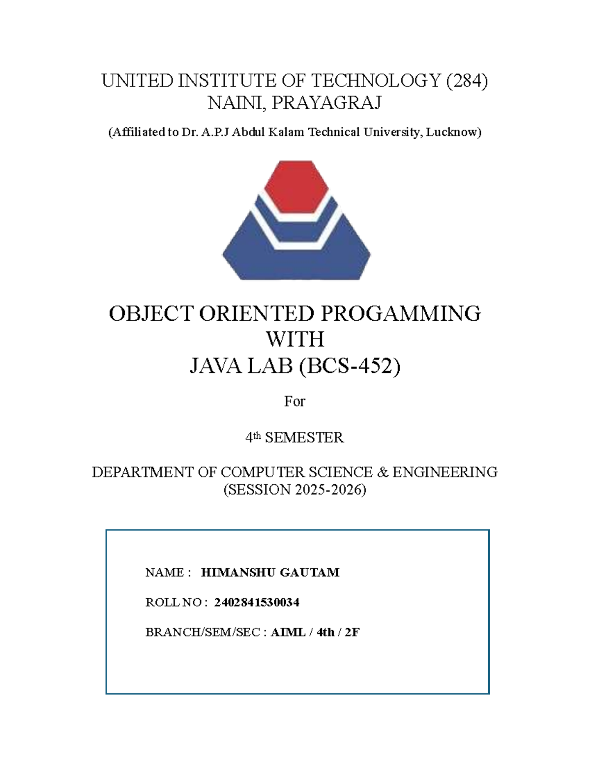 Object Oriented Programming with Java Lab (CSE 284) - 4th Semester ...