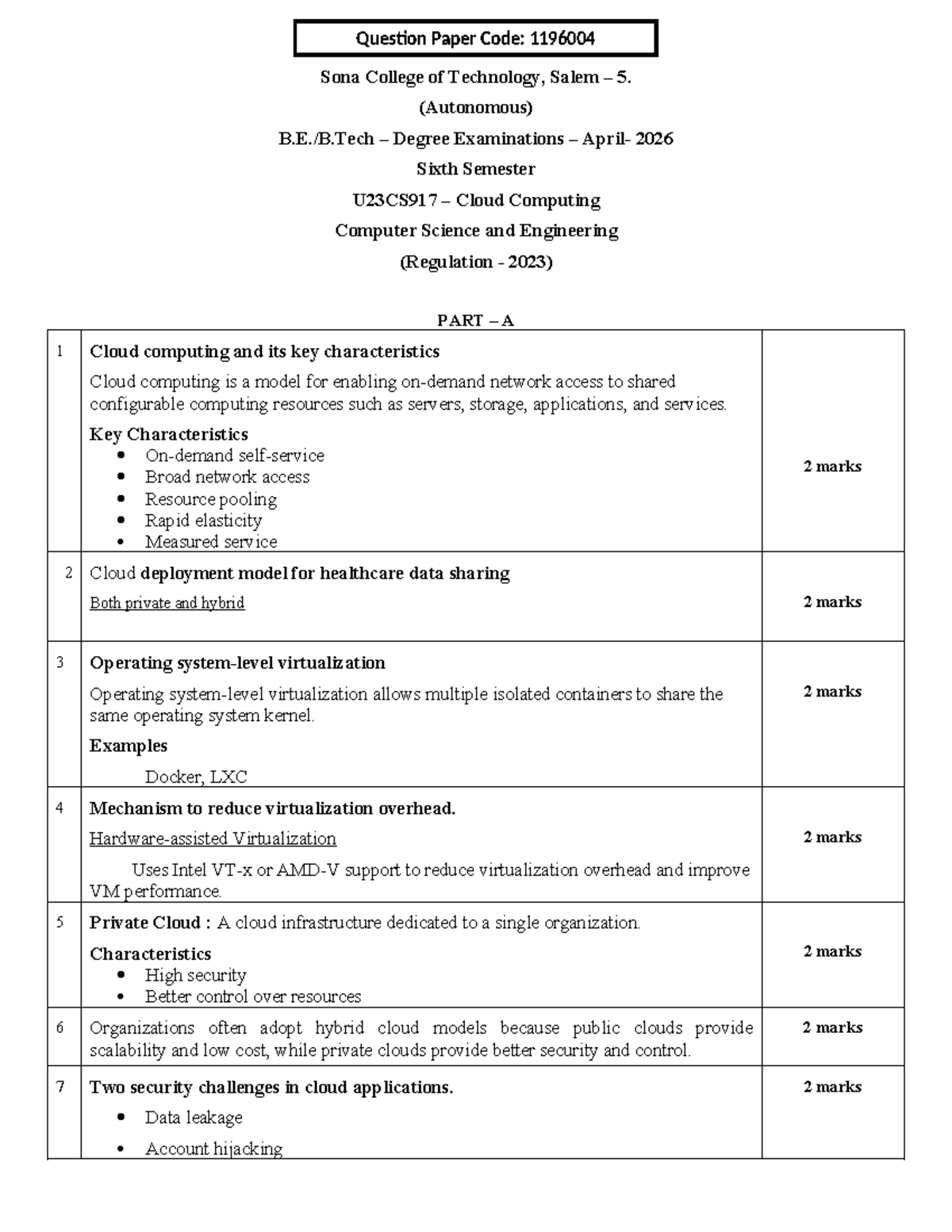 U23CS917 - Cloud Computing Final Exam Key - April 2026 - Studocu