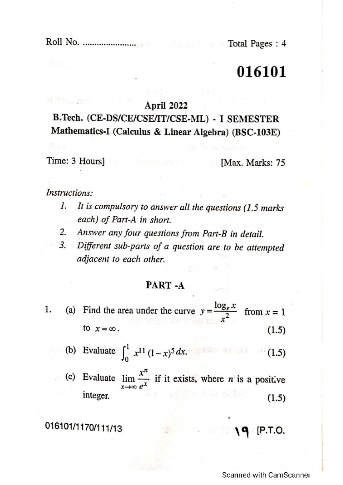 B.Tech I Sem 016101 April 2022 Calculus & Linear Algebra Exam Notes ...