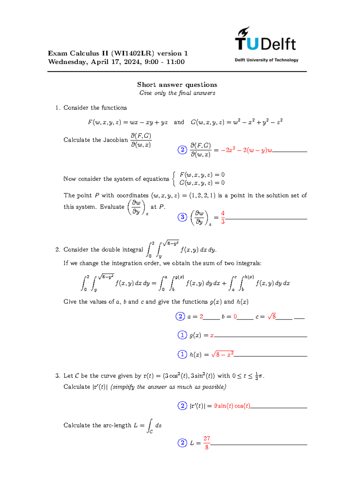 Calculus II Exam (WI1402LR) - Short Answer Questions Guide - Studocu