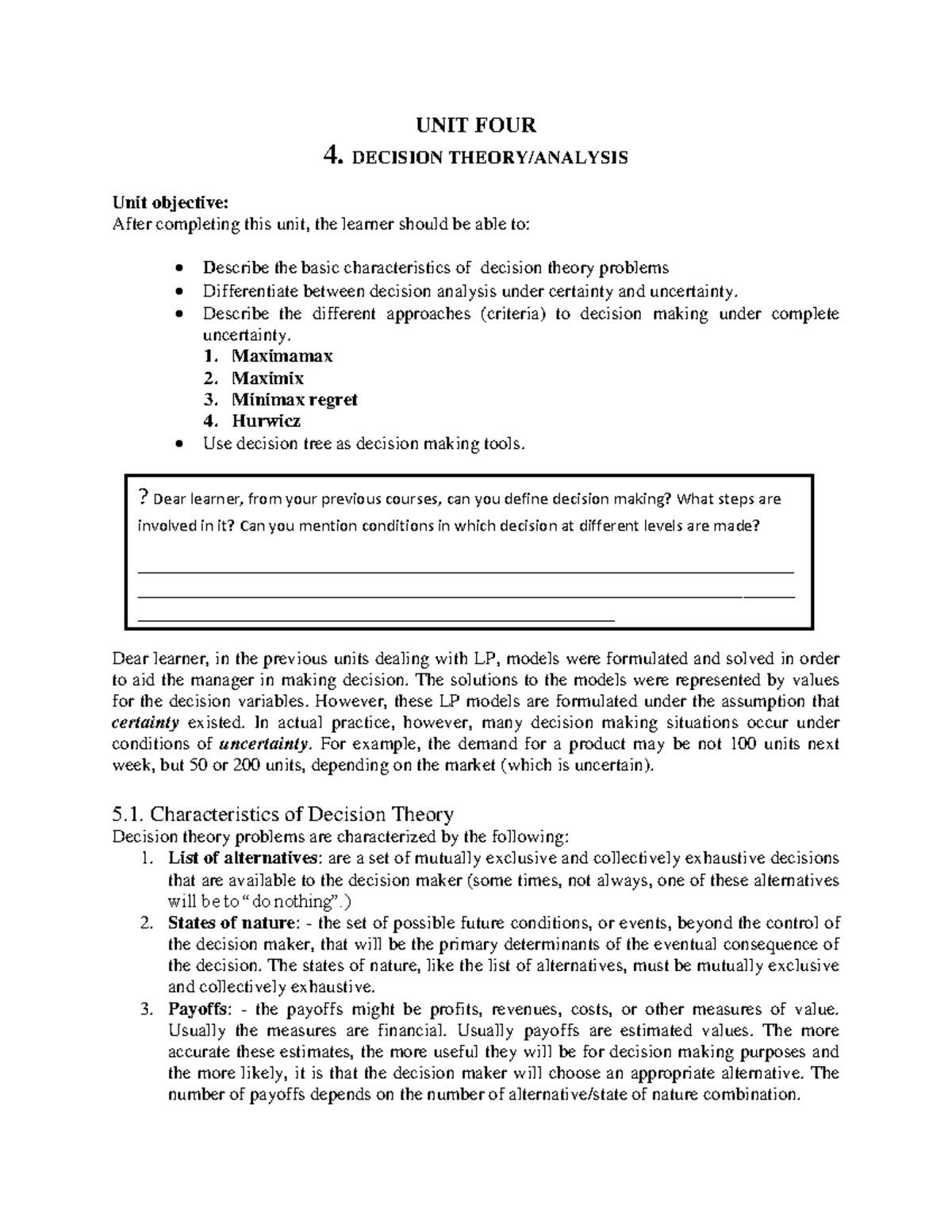 OR 4 Decision Theory Analysis: Characteristics & Approaches - Studocu
