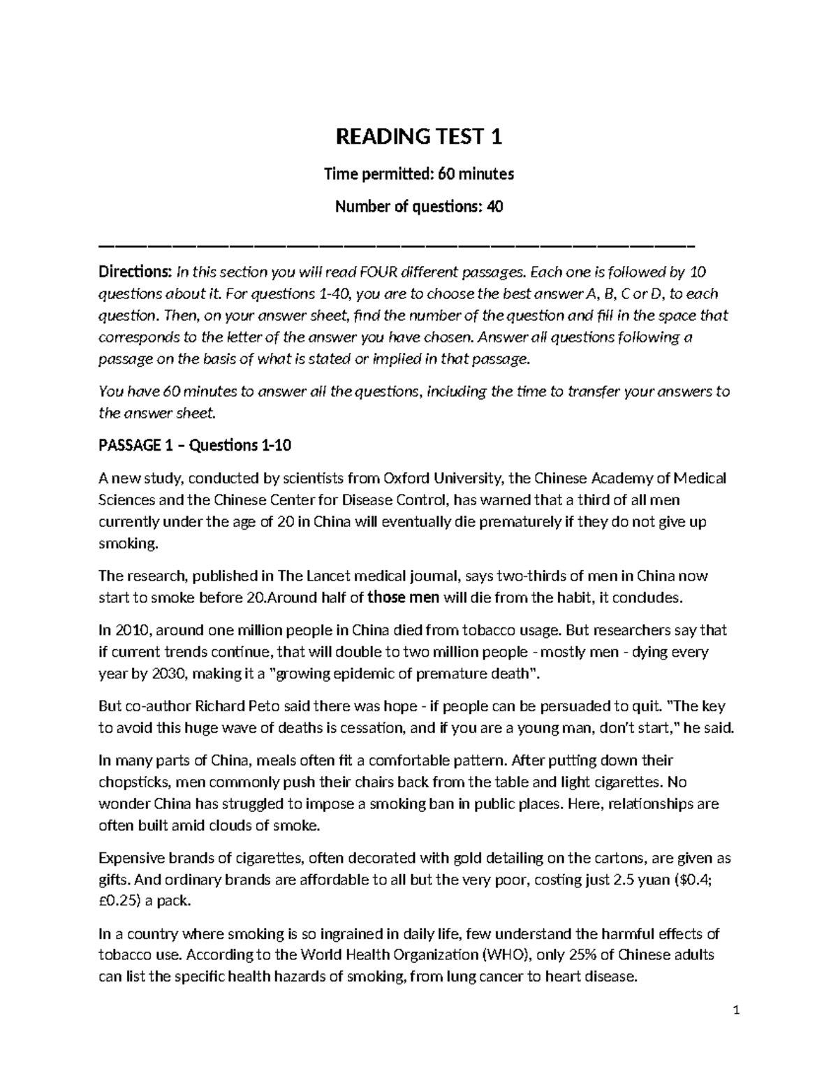 VSTEP READING TEST 1: Comprehensive Practice Questions and Passages ...