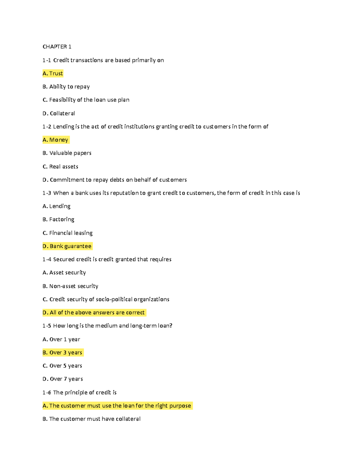 Bank Lending QUIZ CH1: Understanding Credit Transactions and Processes ...