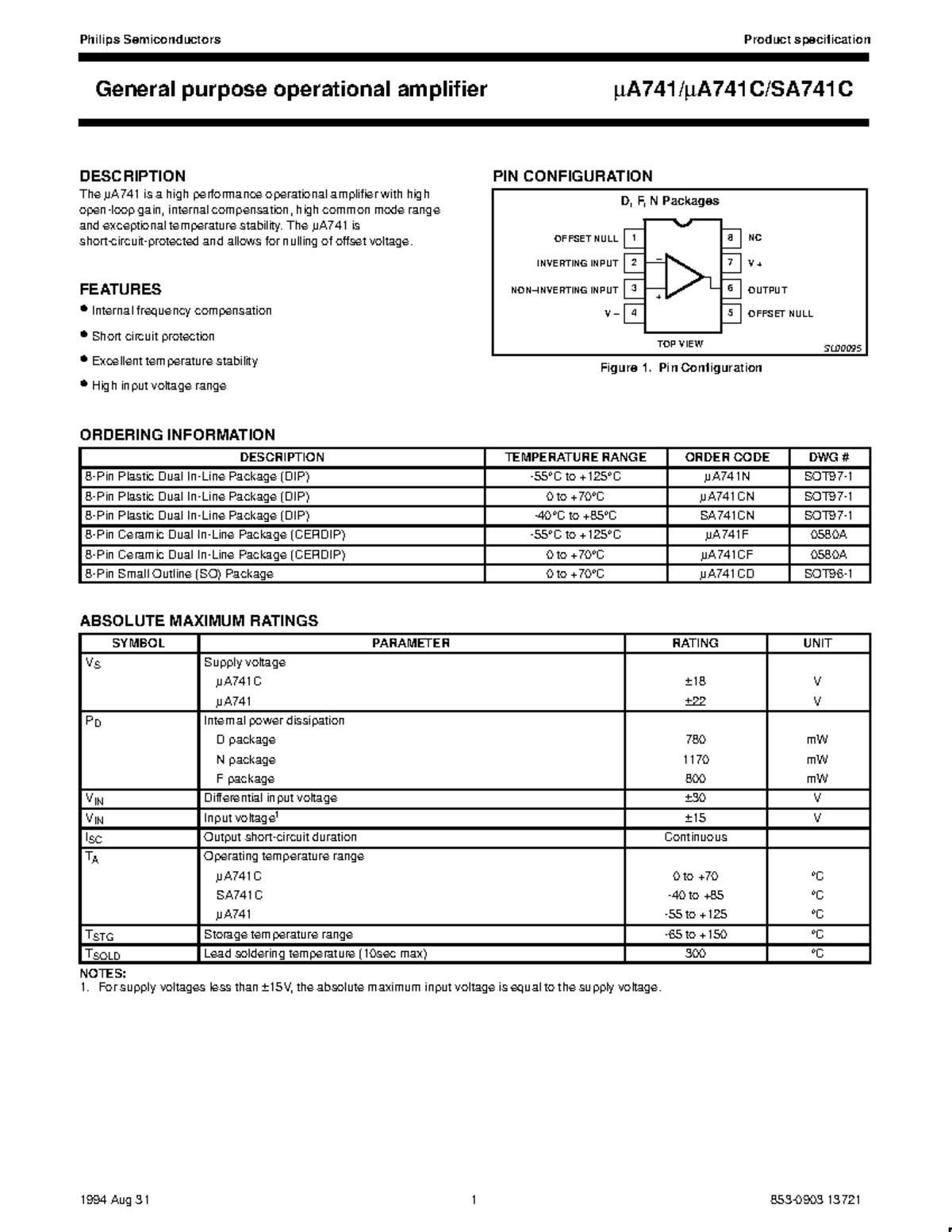 U A741 datasheet - General purpose operational amplifier μA741/μA741C ...