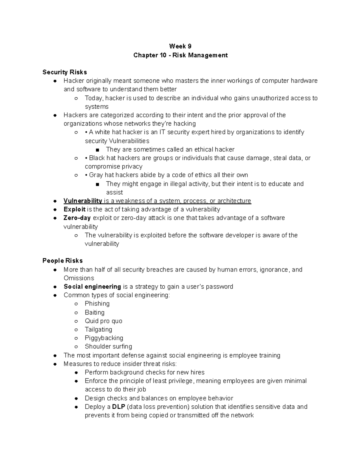Week 9 - Chapter 10: Understanding Risks in Security Management - Studocu