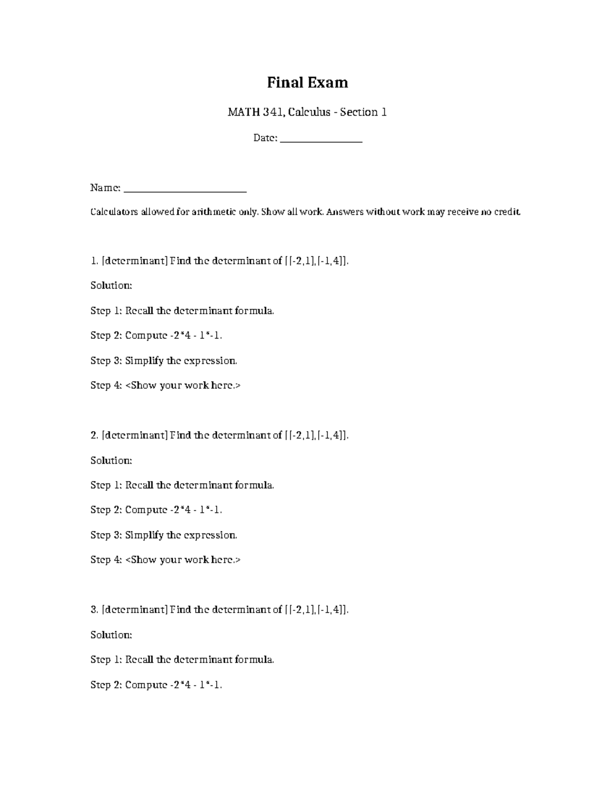 Final Exam Solutions for MATH 341: Determinants Explained - Studocu
