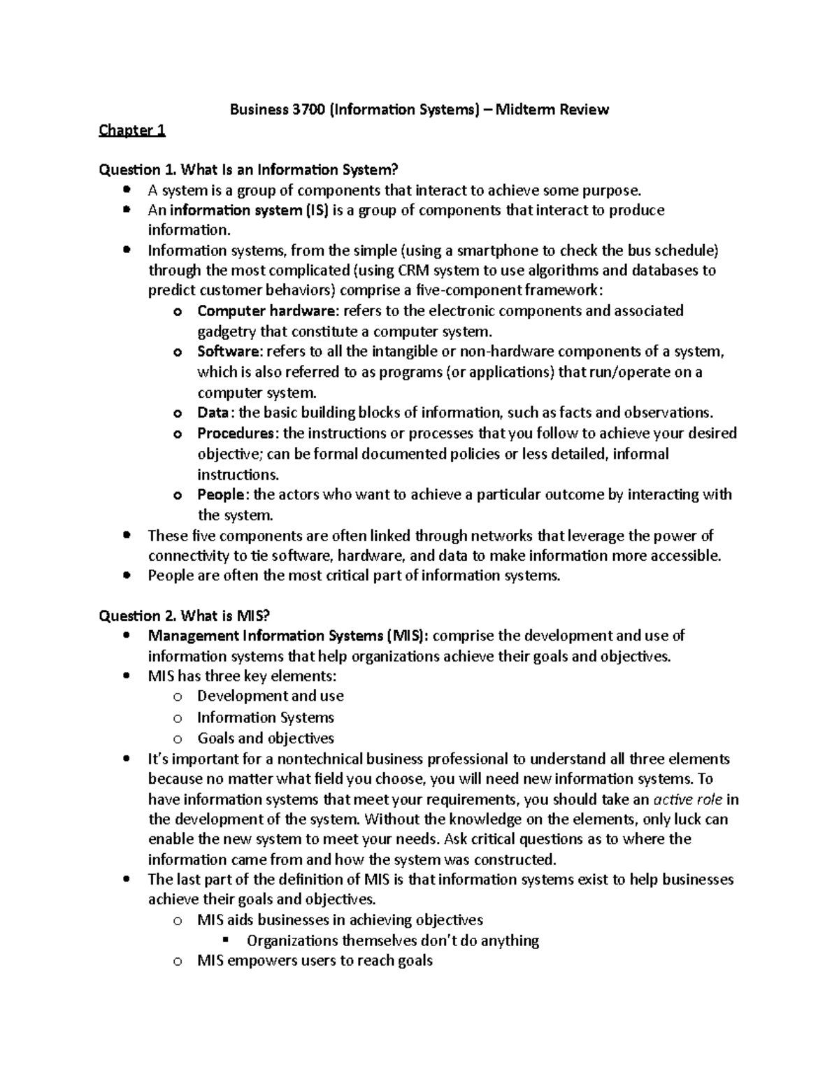 Business 3700 Midterm Review: Info Systems Key Concepts Recap - Studocu