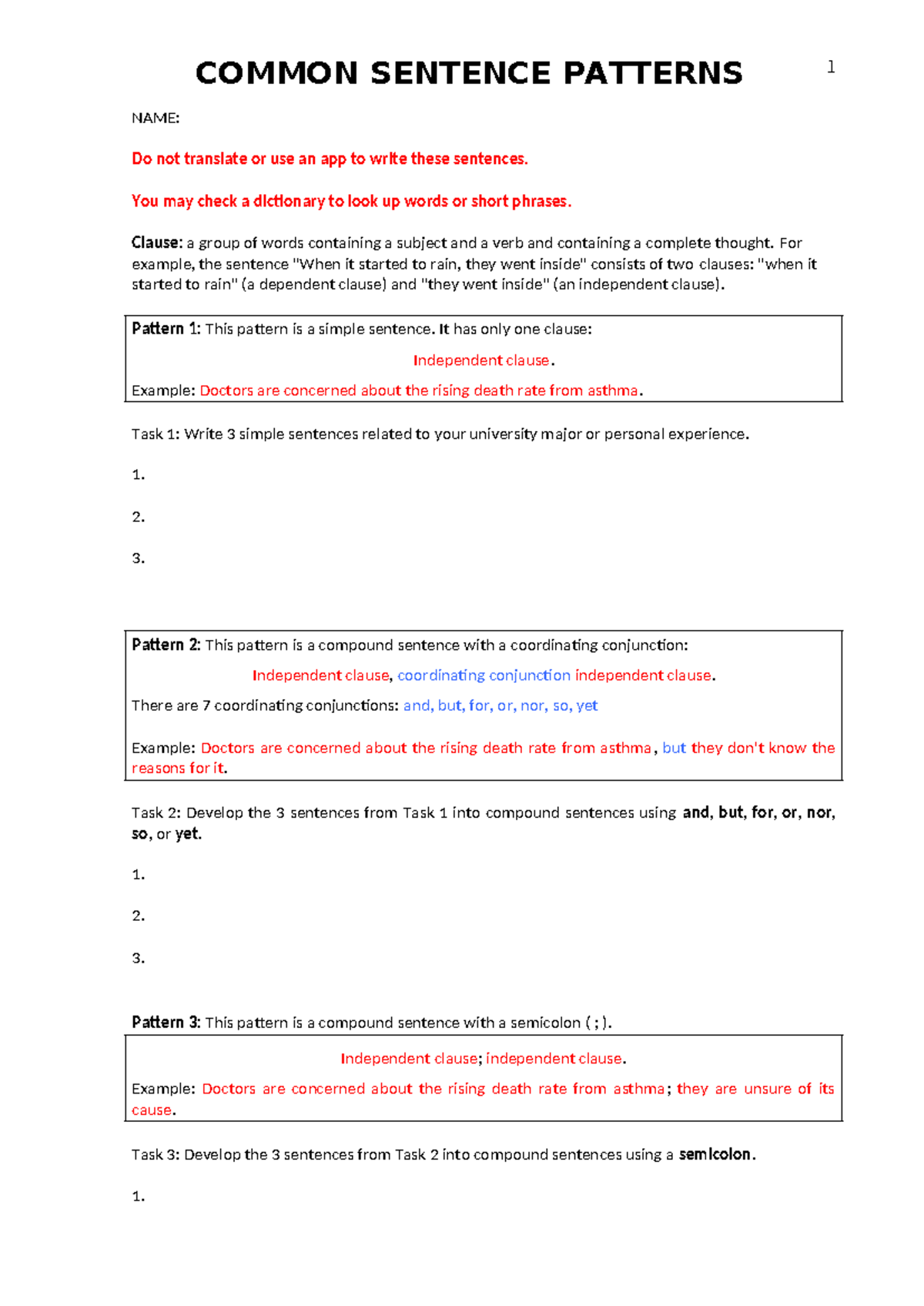 Common Sentence Patterns Writing Practice - COMMON SENTENCE PATTERNS ...