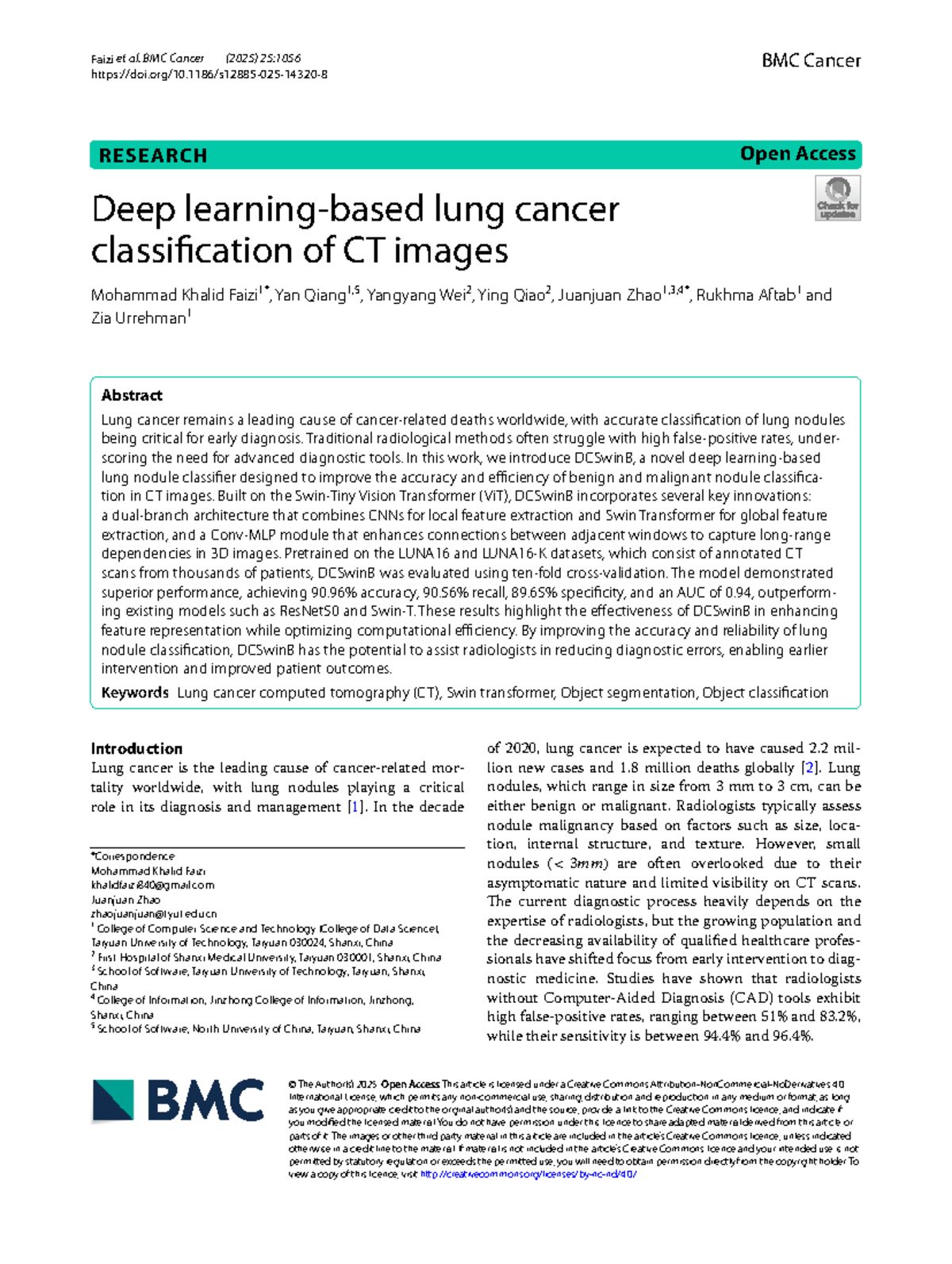 Deep Lung Cancer Classification Using DCSwinB Model (S12885) - Studocu