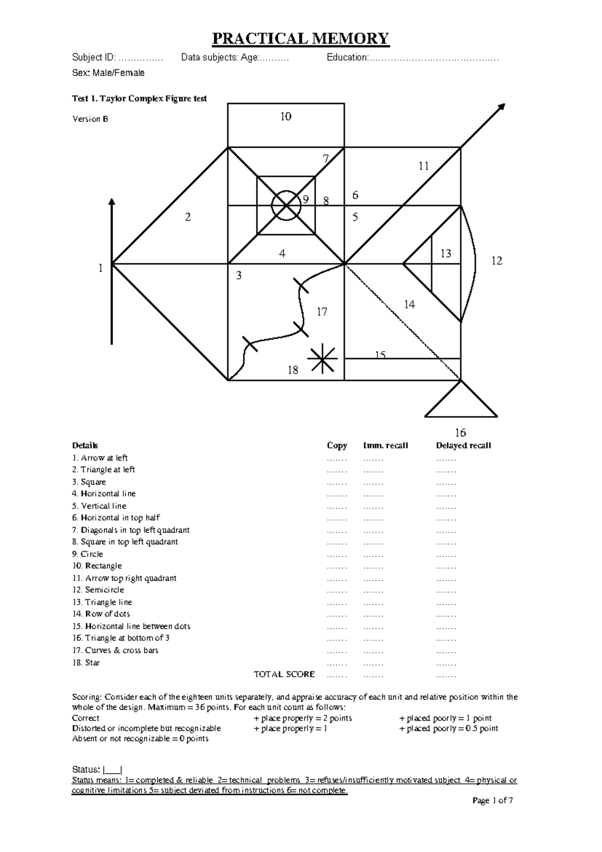 Practical Memory Scoring Sheet 2021-2022 for Tests and Delayed Recall ...