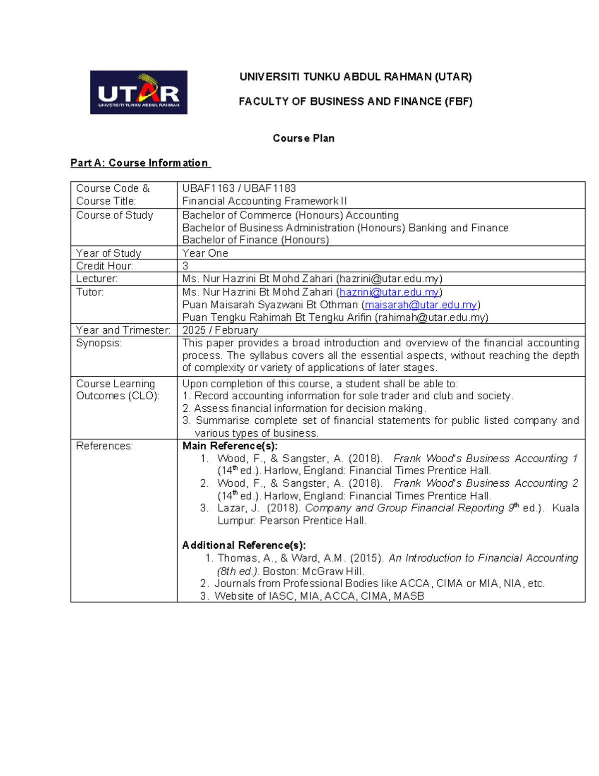 Course plan UBAF1163 UBAF1183 February 2025 - Students Tutors ...