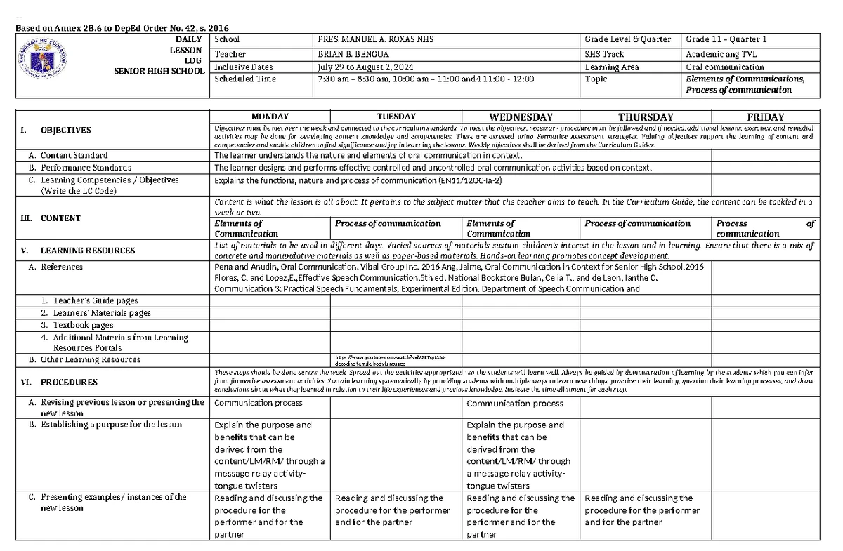 WEEK 2 Daily Lesson Log (DLL) - SHS Oral Communication (Grade 11) - Studocu
