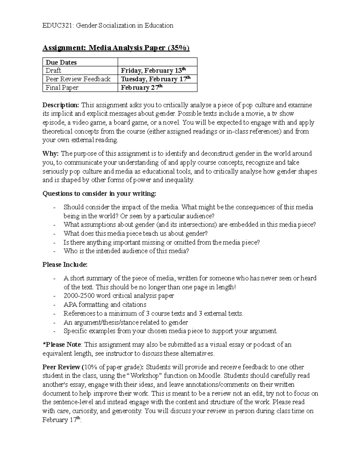 EDUC321: Media Analysis Paper on Gender Socialization Rubric - Studocu