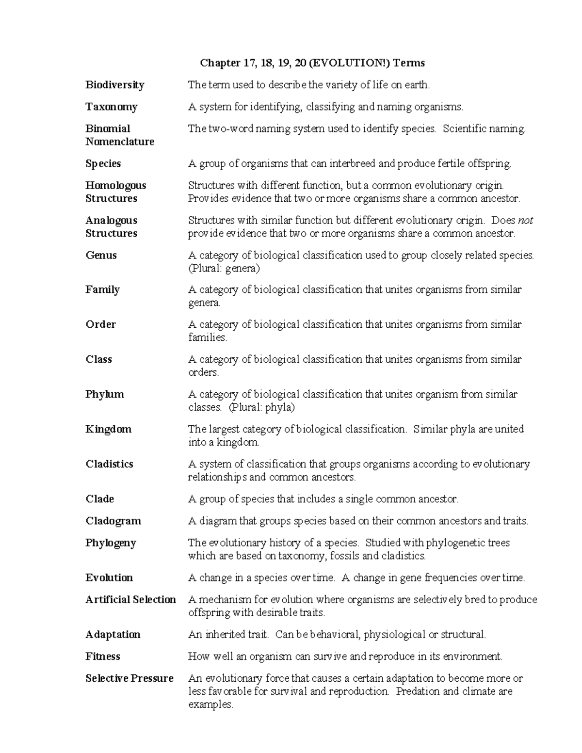 Chapter 17-20 (EVOLUTION!) Key Terms and Concepts - Studocu