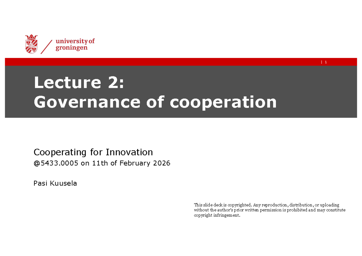 Lecture 2: Governance of Cooperation in Alliances - Studeersnel