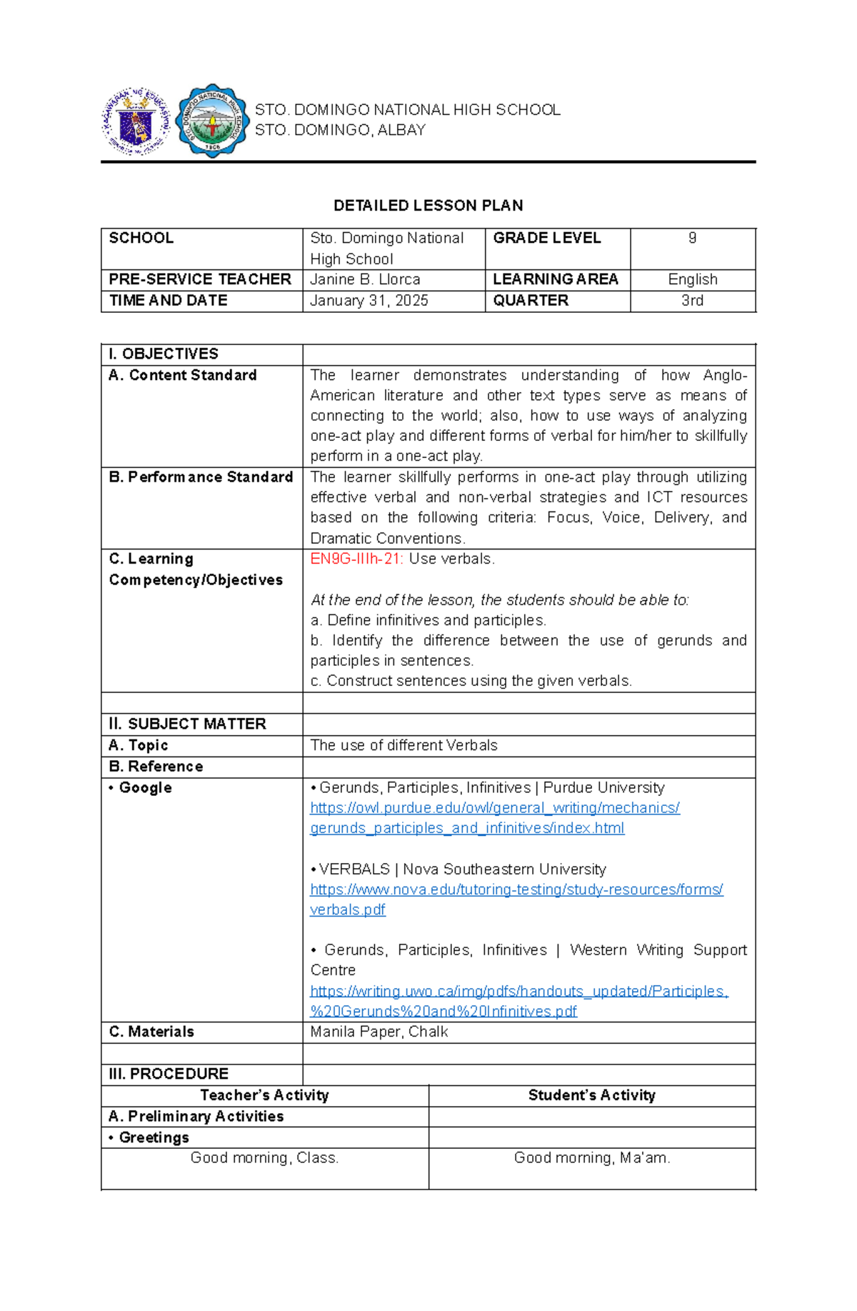 Detailed Lesson Plan on Verbals for Grade 9 English (ENG9-3) - Studocu