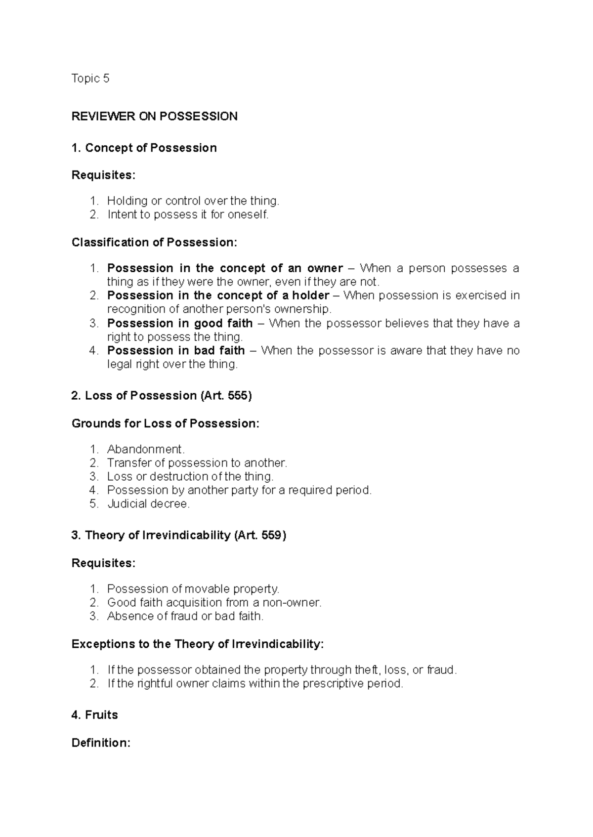 PPL Reviewer: Topic 5 on Possession - Key Concepts & Theories - Studocu