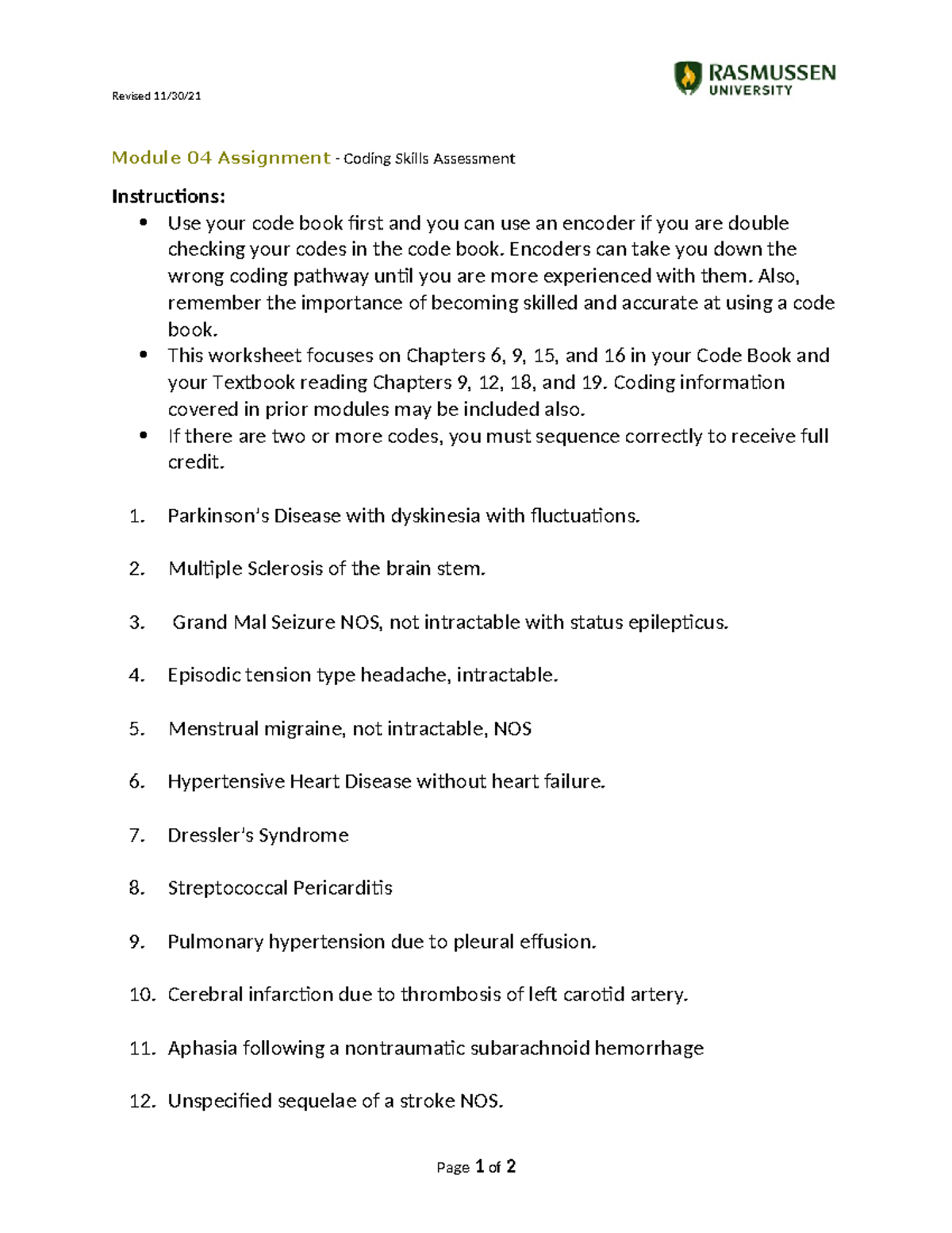 HIM1125 Module 04 Coding Skills Worksheet - Assessment Corrections ...
