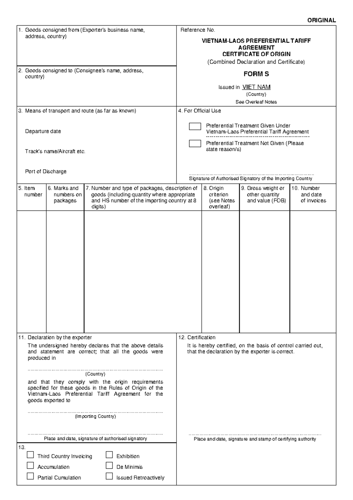 Form S - Certificate of Origin for Preferential Tariff Agreement - Studocu