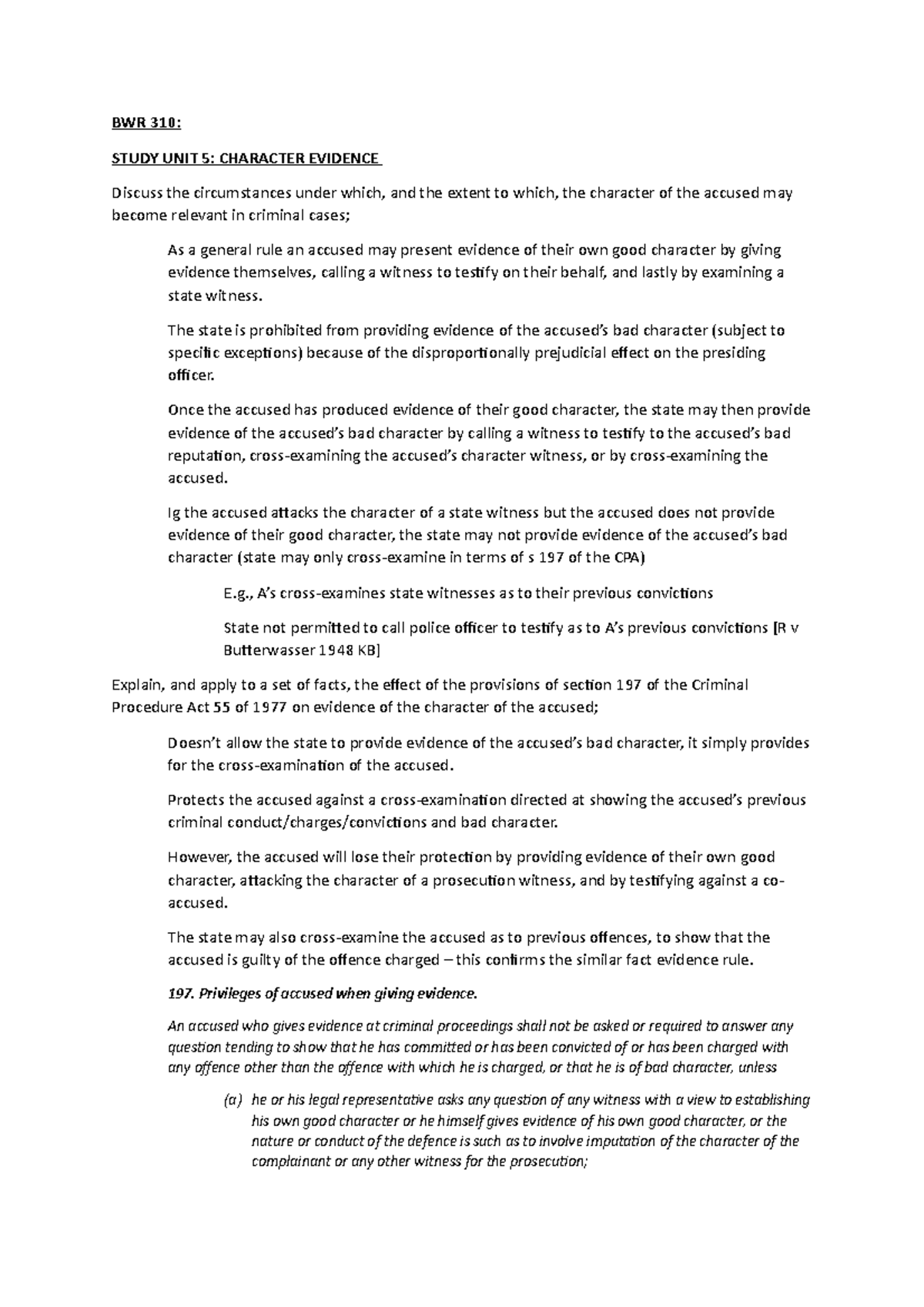 BWR 310 - Study Unit 5: The Relevance of Character Evidence in Law ...