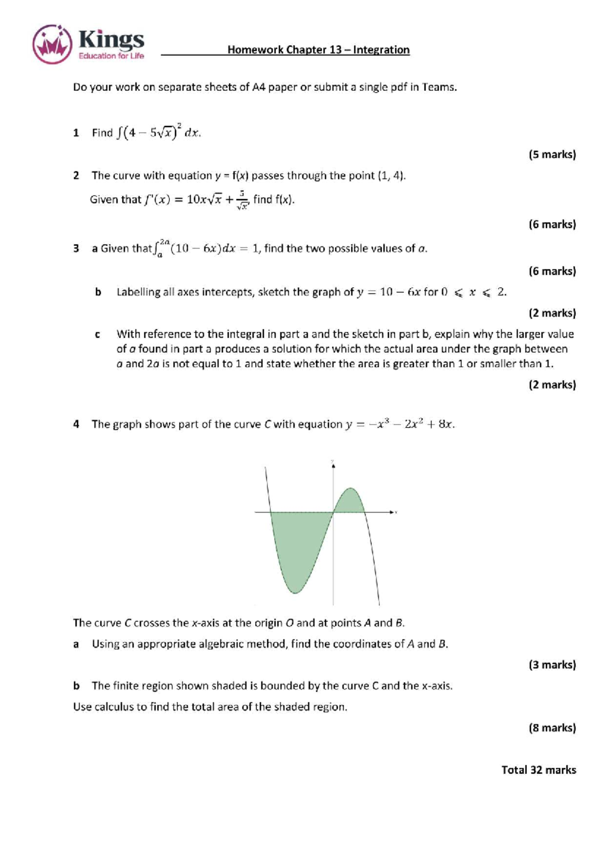 Homework Ch 13: Integration for Life - Kings School - Studocu
