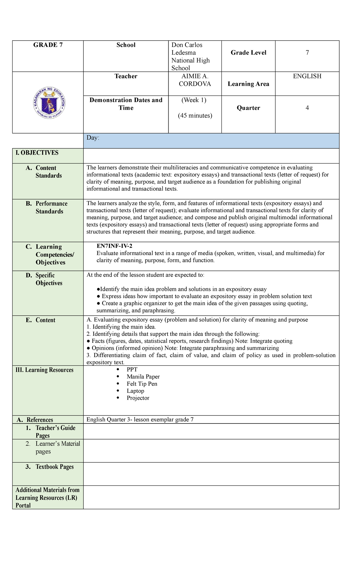 Grade 7 English Lesson Plan: Evaluating Expository Essays (Week 1 ...
