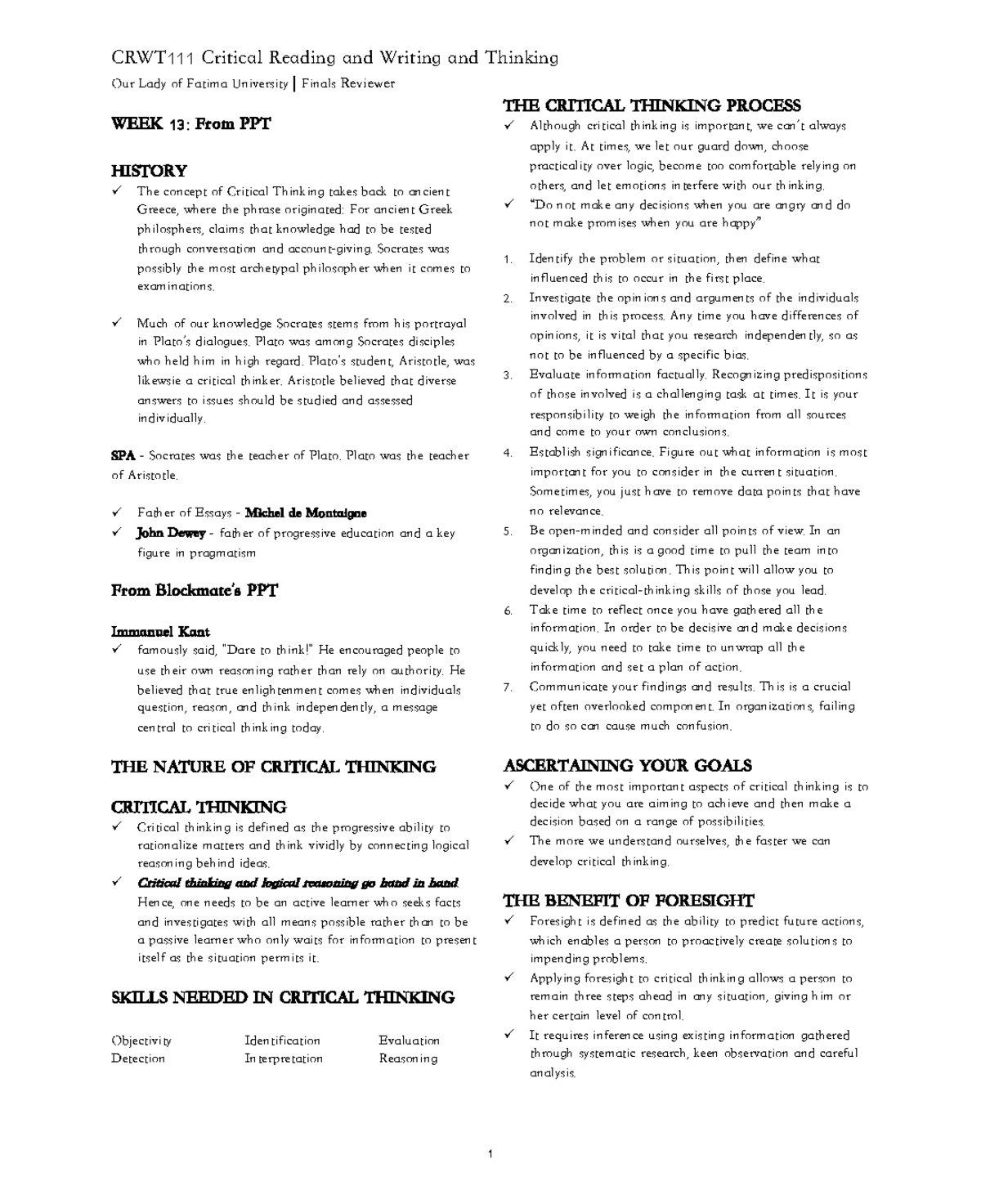 CRWT111 Finals Reviewer: Mastering Critical Thinking Concepts and ...