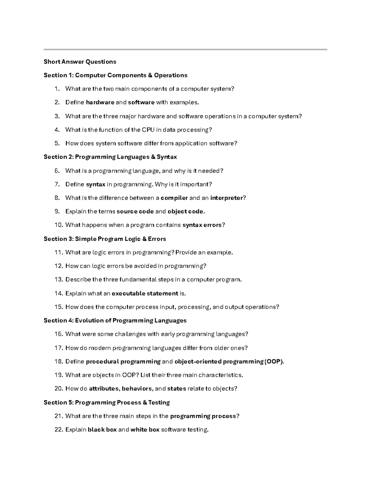 Topic 1 - SAQ's - Questions based off of lecture 1 - Short Answer ...