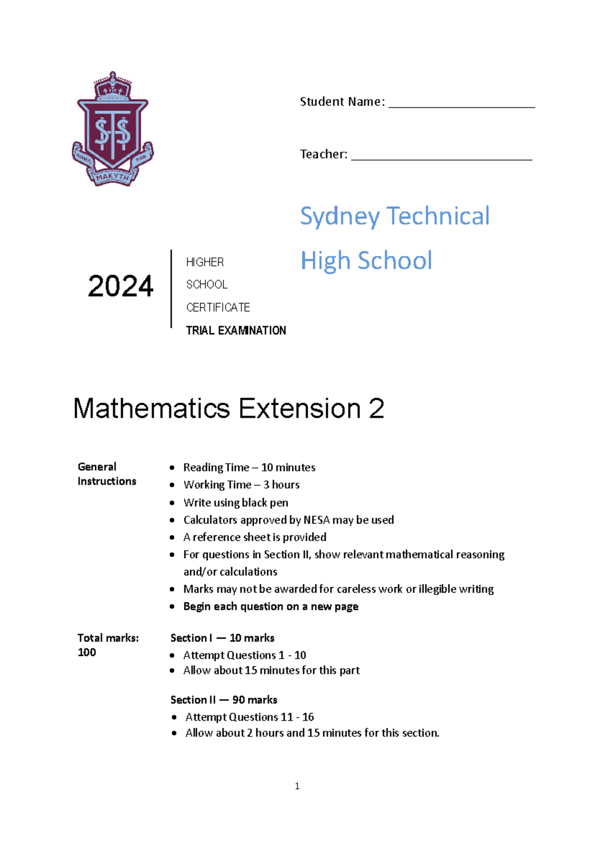 Sydney Tech 2024 HSC Mathematics Extension 2 Trial Exam Solutions - Studocu