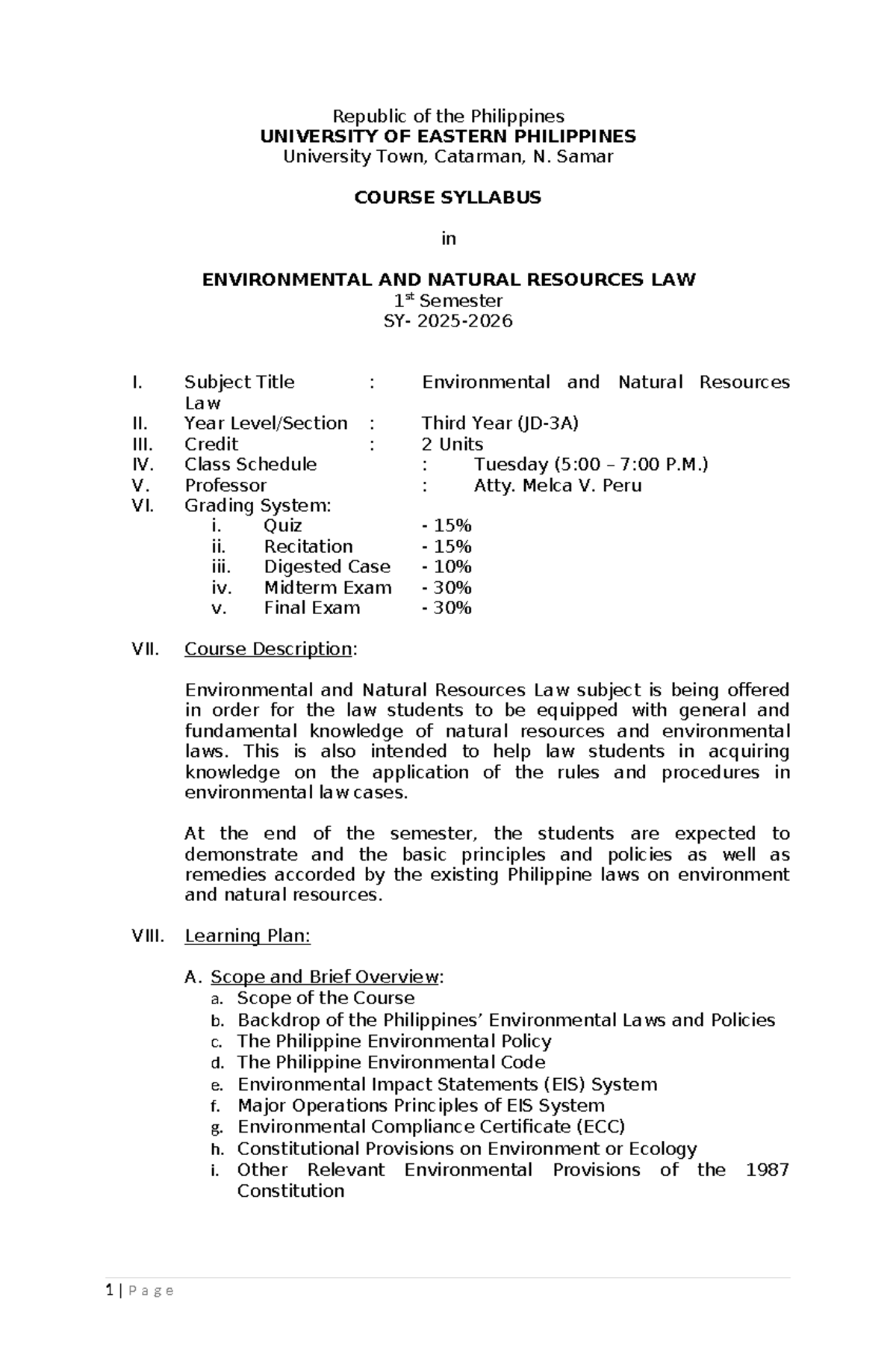 Syllabus for Environmental and Natural Resources Law (Nat Res-Syllabus ...