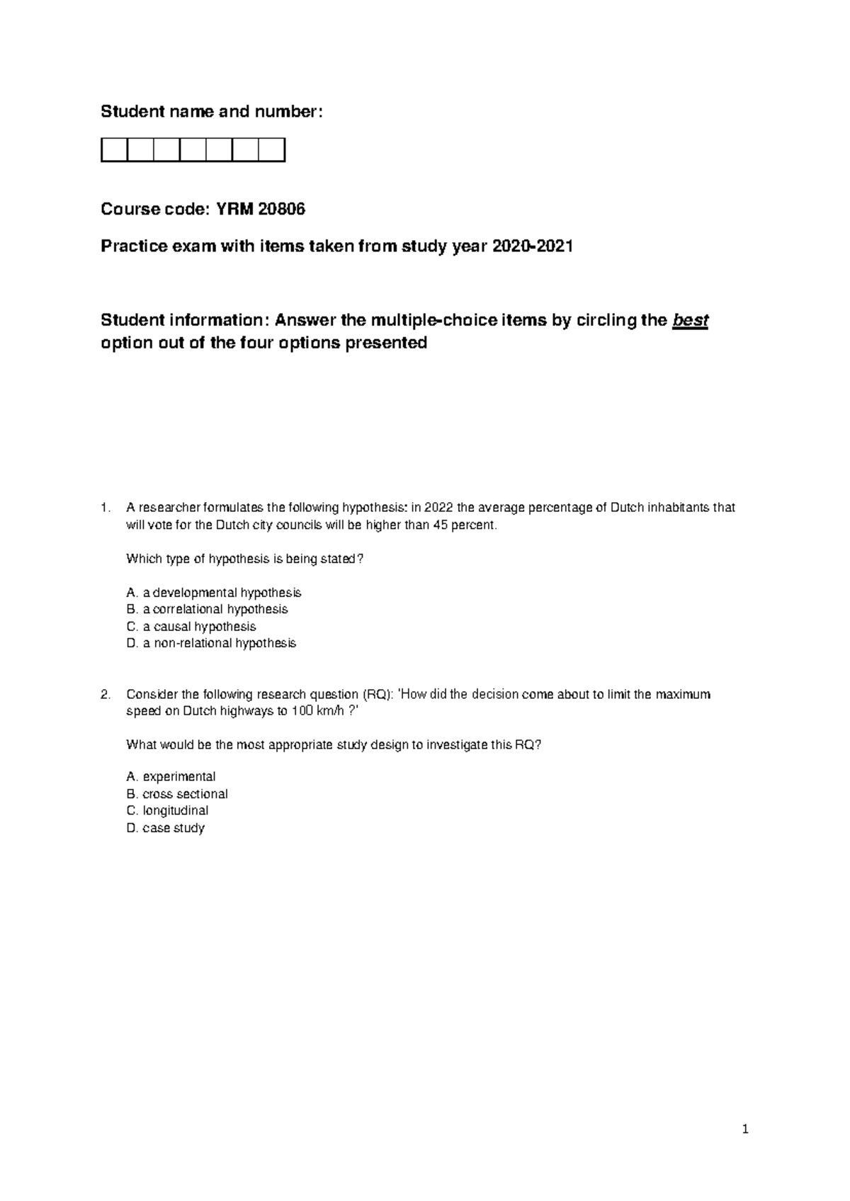 YRM 20806 Practice Exam Questions & Answers - Review Material - Studeersnel