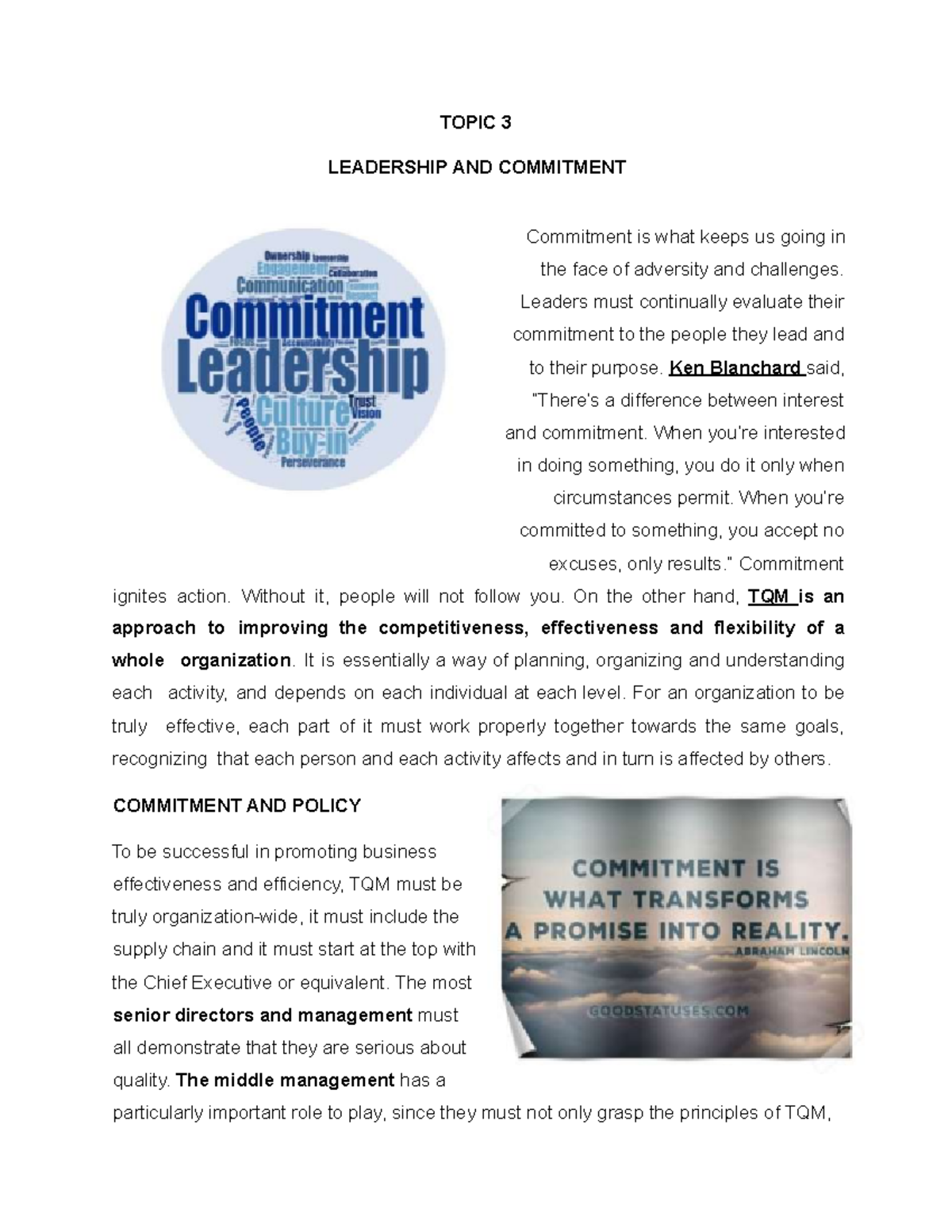 Topic 3: Leadership & Commitment in Total Quality Management (TQM ...