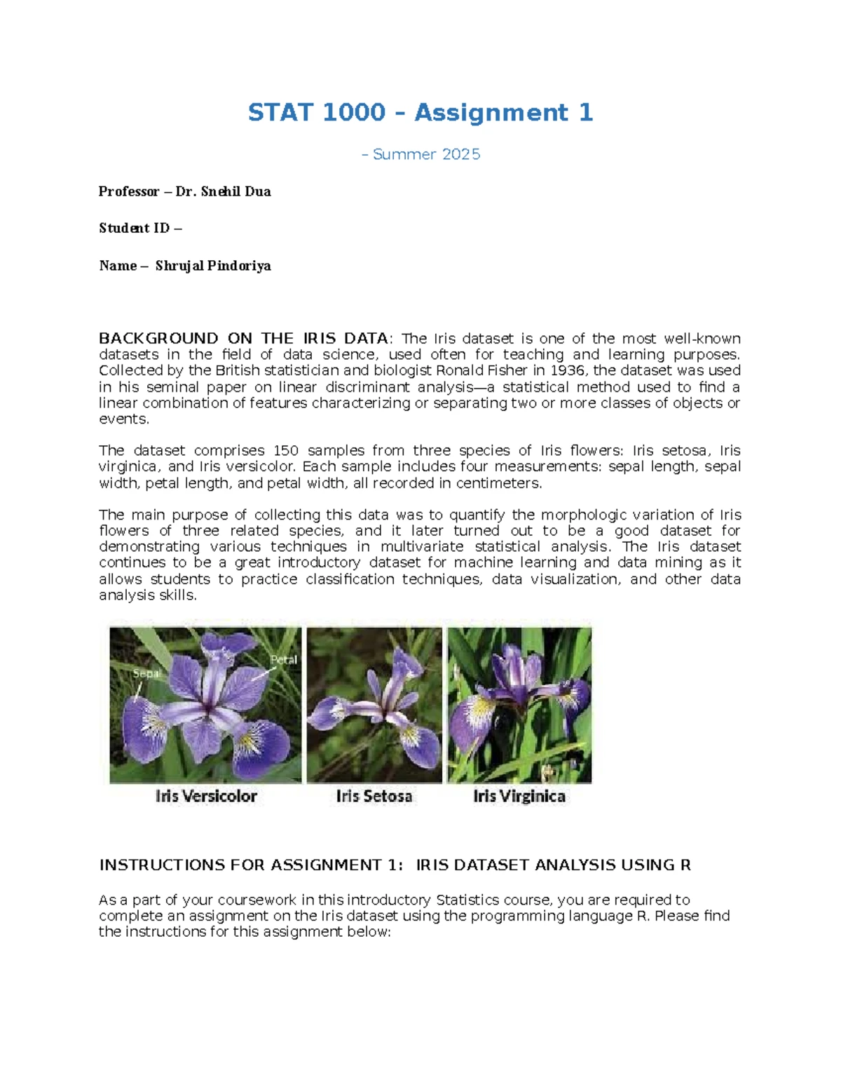 STAT1000 Assignment 1: Analysis of the Iris Dataset Using R - Studocu