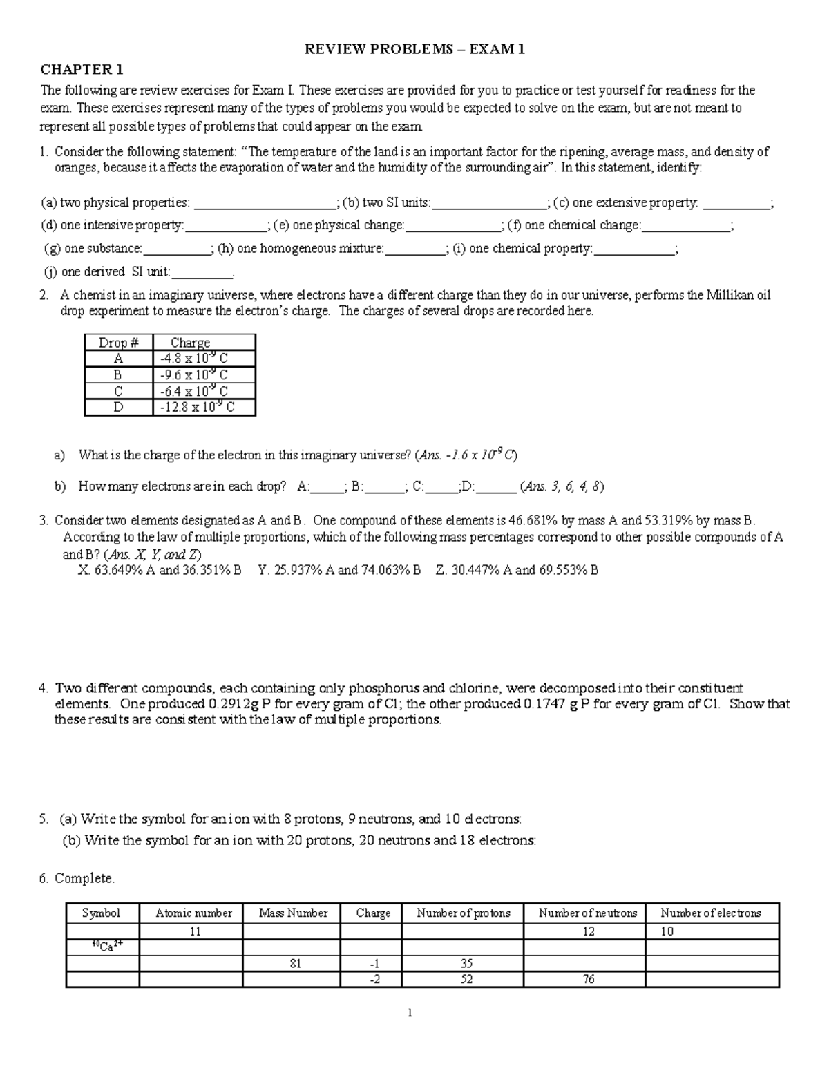 Review Problems for Chemistry 101: Chapter 1 Exam Preparation - Studocu