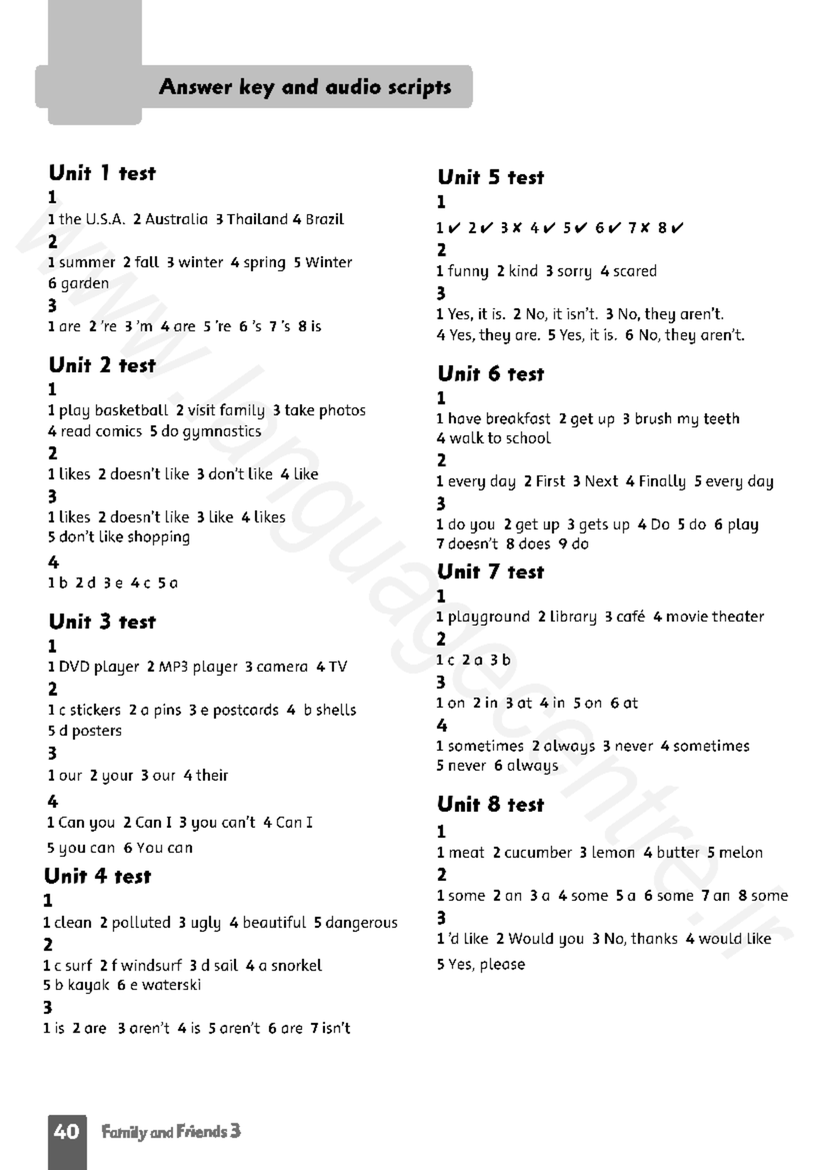 Fa F3-Unit Tests-Answerkey - Answer key and audio scripts Unit 1 test ...