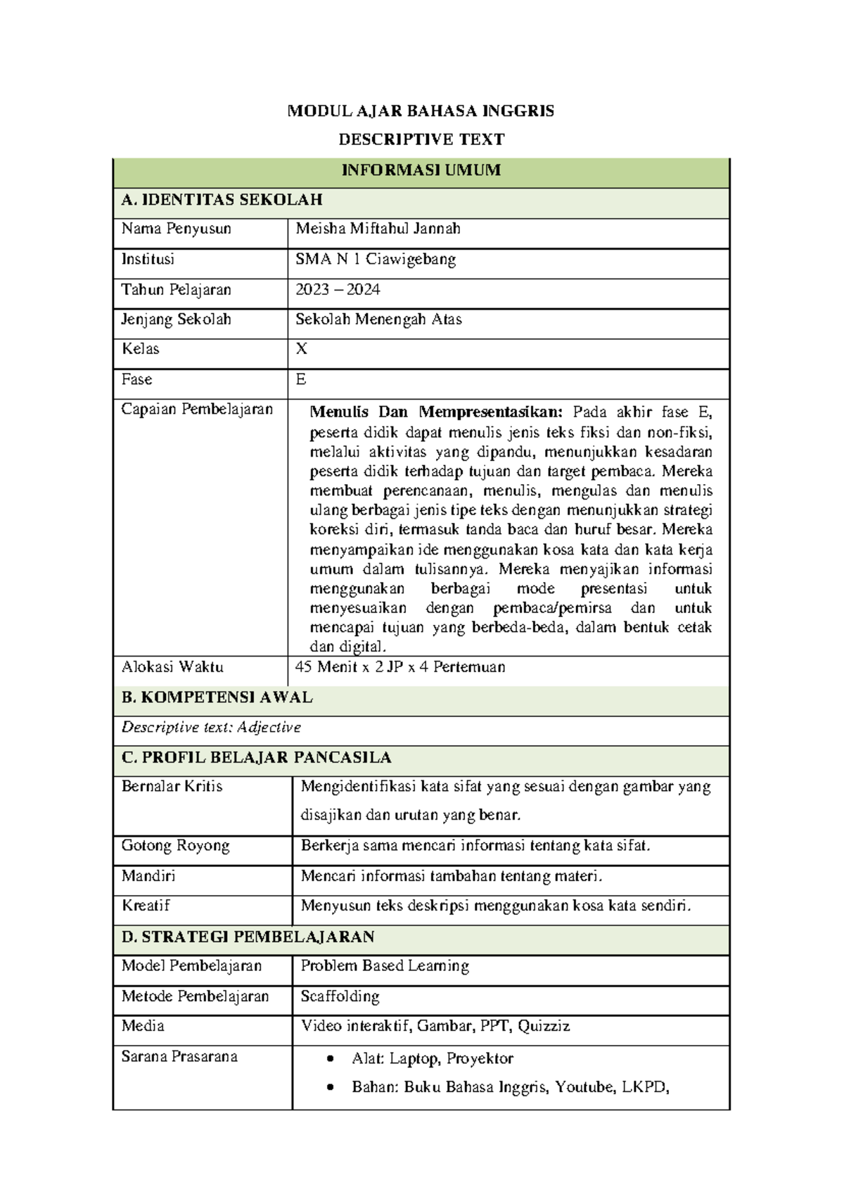 Modul Ajar: Descriptive Text untuk Kelas X - Meisha Miftahul Jannah - Document Preview