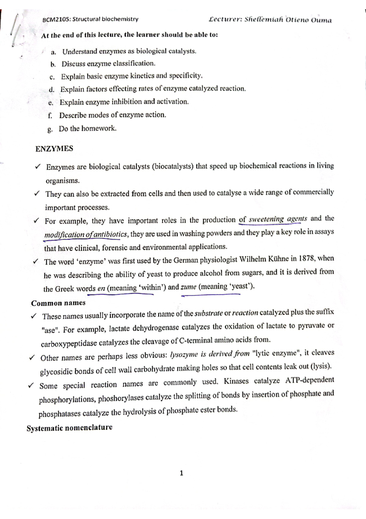 BCM2105 Lecture Notes: Enzyme Structure and Function Overview - Studocu