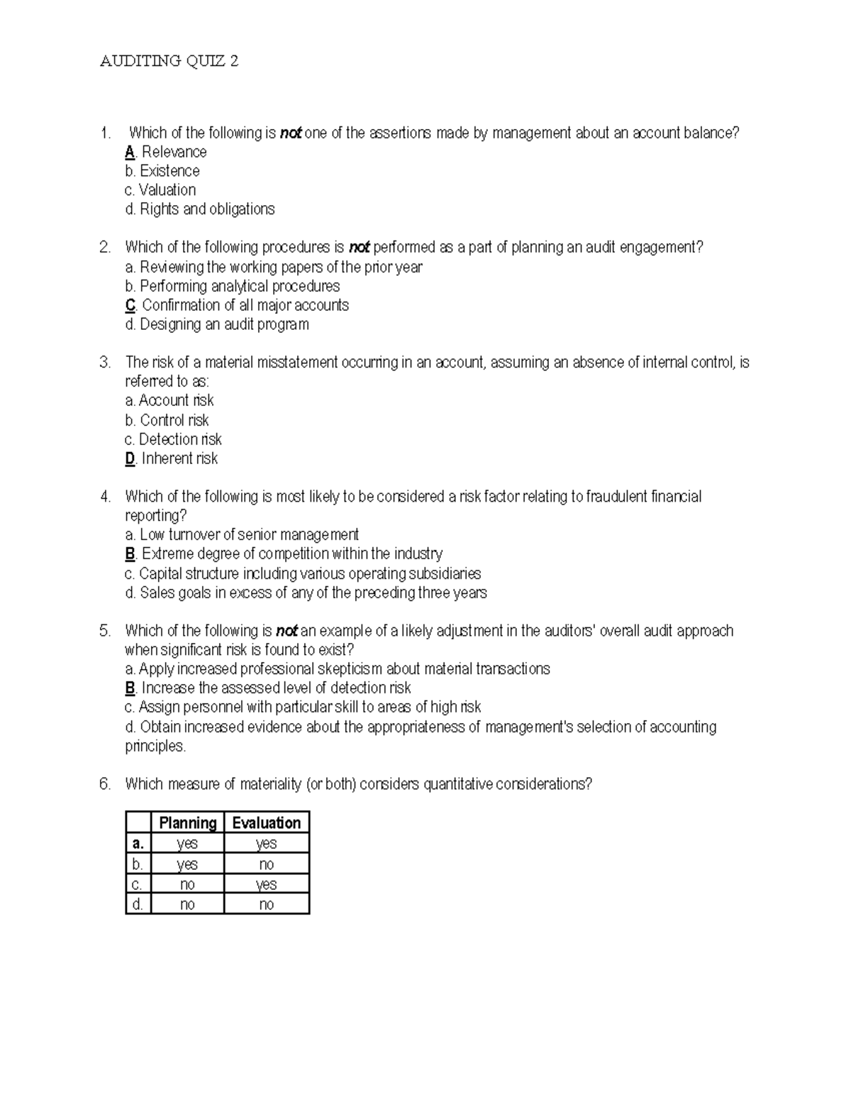 AUD 101 - Auditing Quiz 2: Key Concepts and Risk Assessment - Studocu