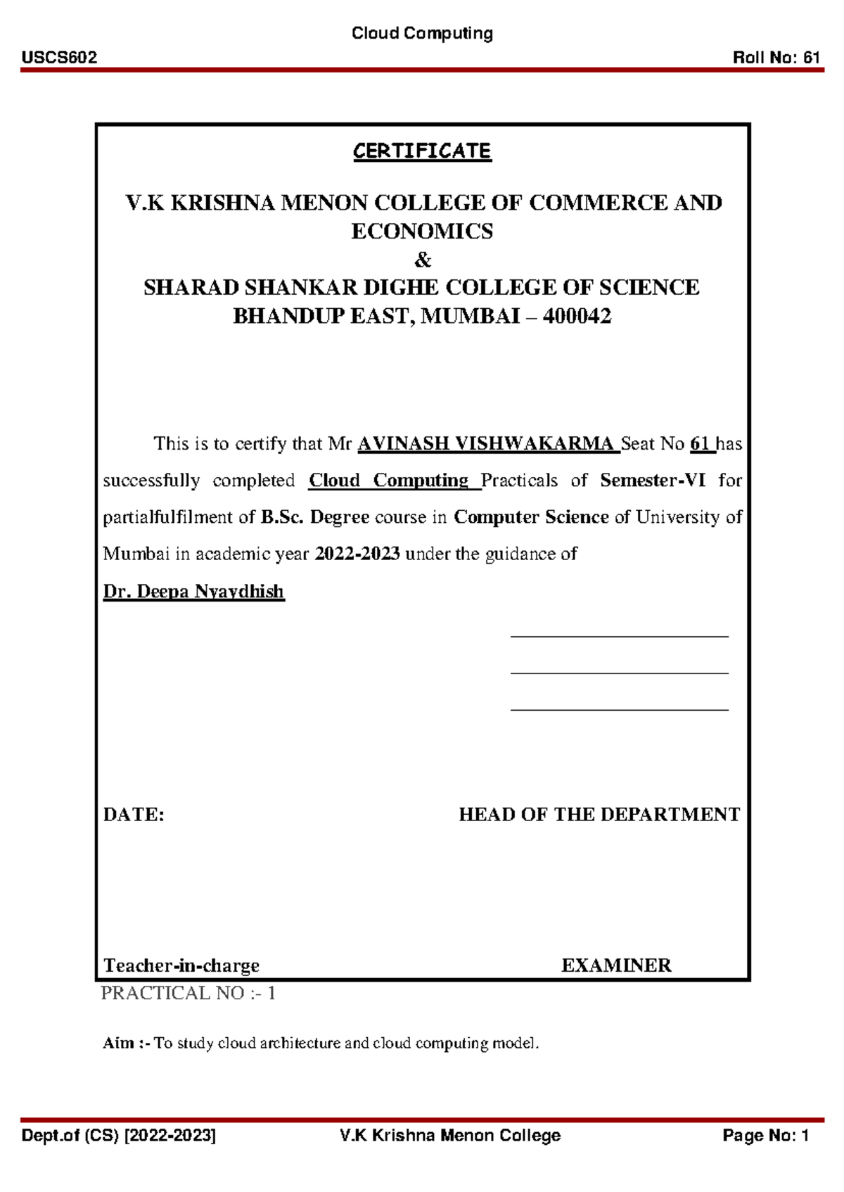 USCS602 Cloud Computing Practicals Report for Semester VI - Roll No 61 ...