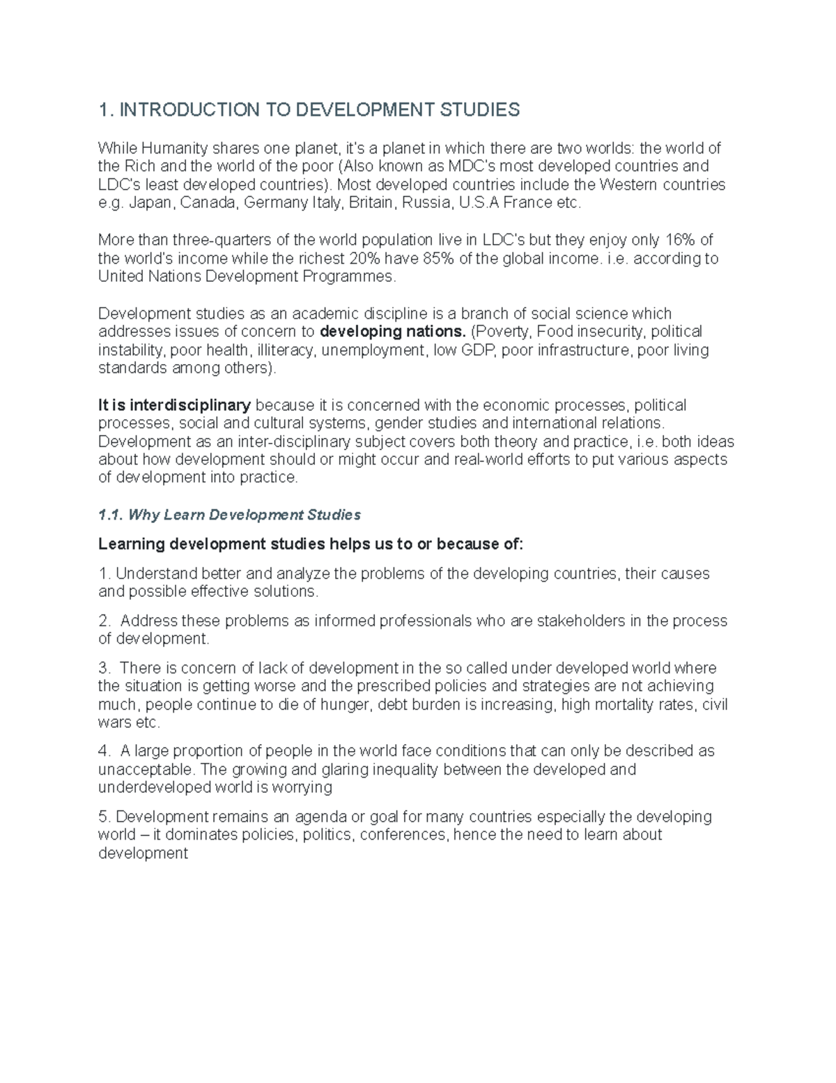 UCU102 Development Studies Lecture Notes and Key Concepts - Studocu