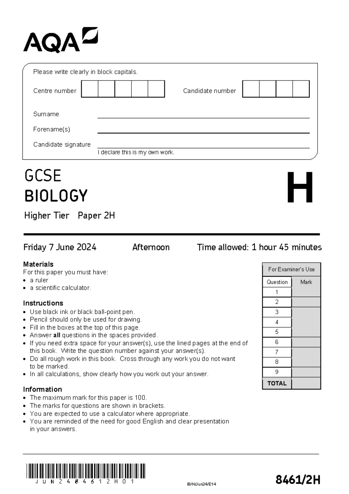 Biology GCSE AQA 2024 Higher Tier Paper 1 Exam Instructions - Studocu