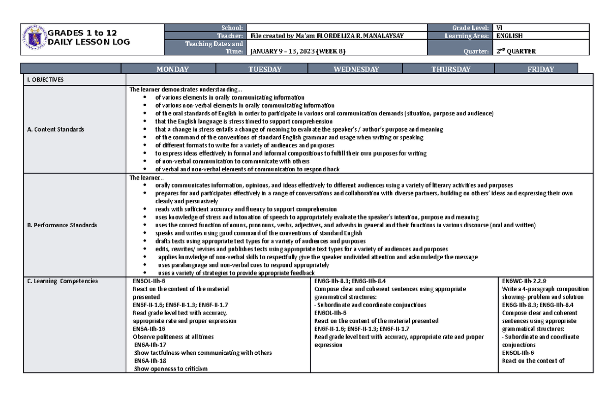 English 6 DLL Q2 W8: Daily Lesson Log Overview and Activities - Studocu