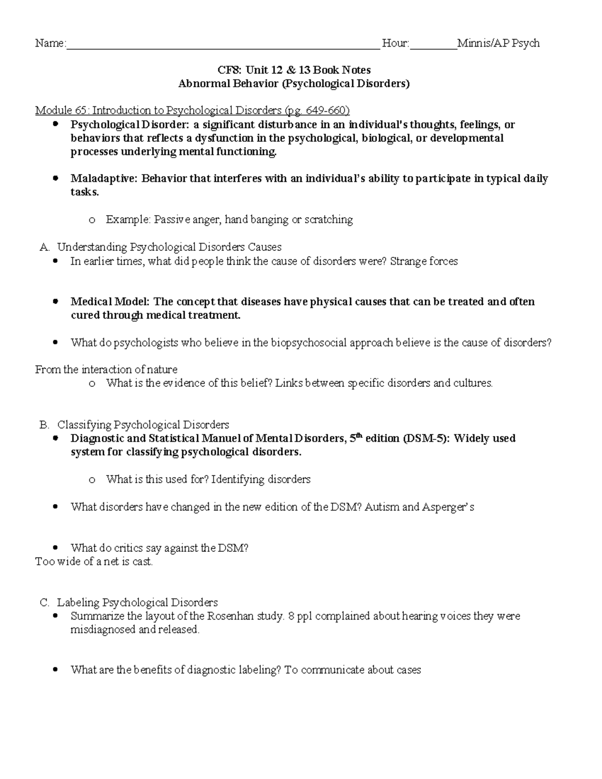 CF8 - Unit 12 & 13 Study Notes on Psychological Disorders and Treatment ...