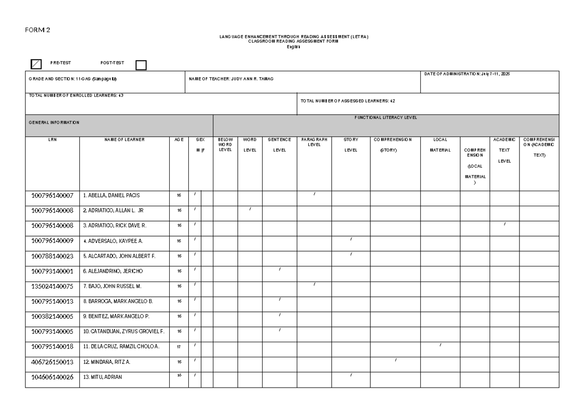 FORM 2 Crafenglish Pretest: Reading Assessment Overview - Studocu