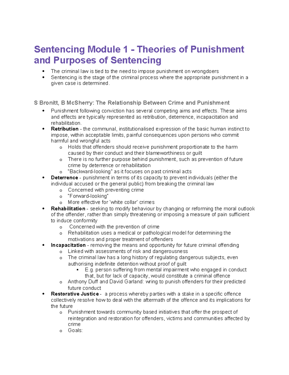 LAWS1022 - Sentencing Module - Sentencing Module 1 - Theories of ...