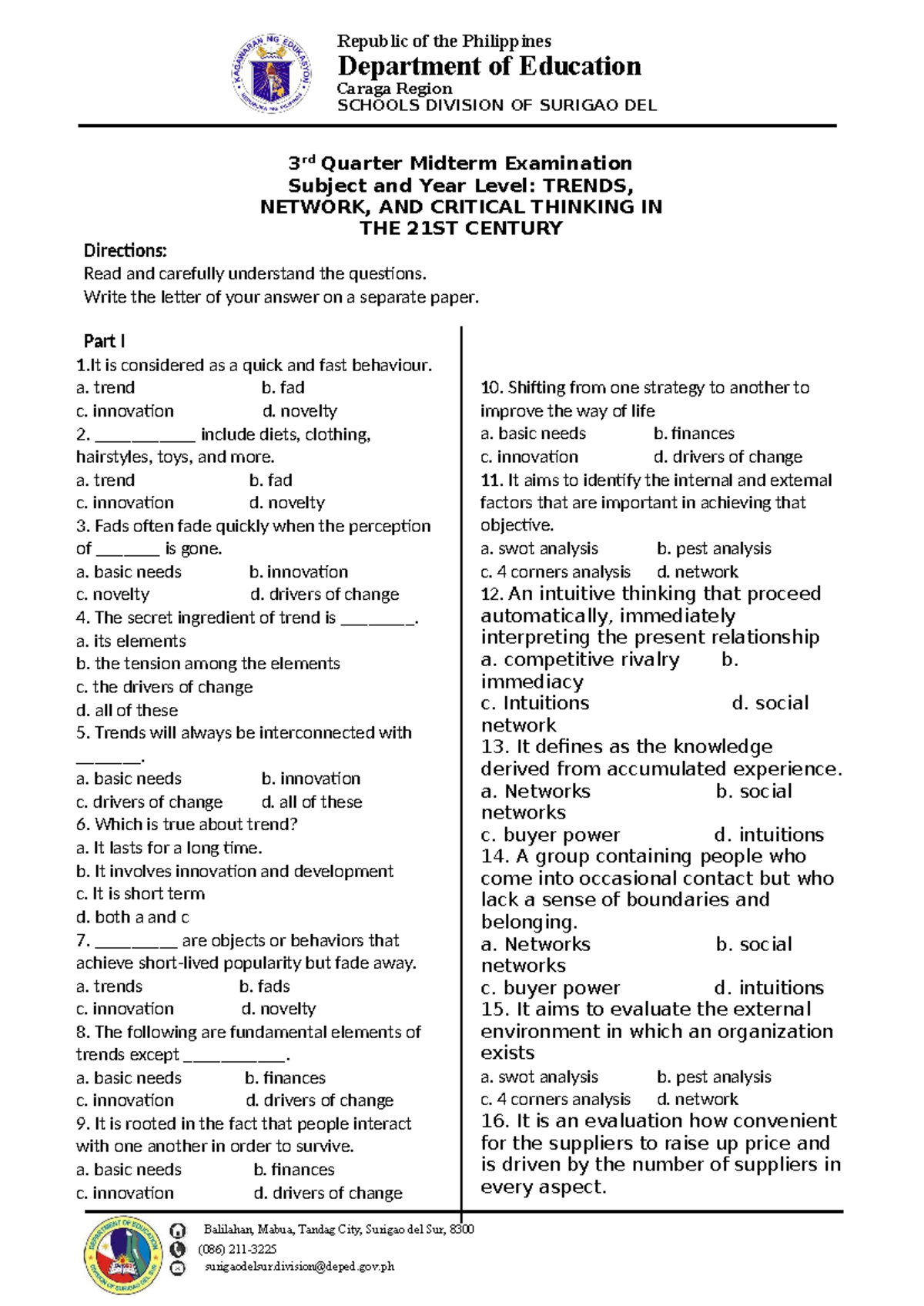 TRENDS 3rd Q Midterm Exam Review: Network & Critical Thinking - Studocu