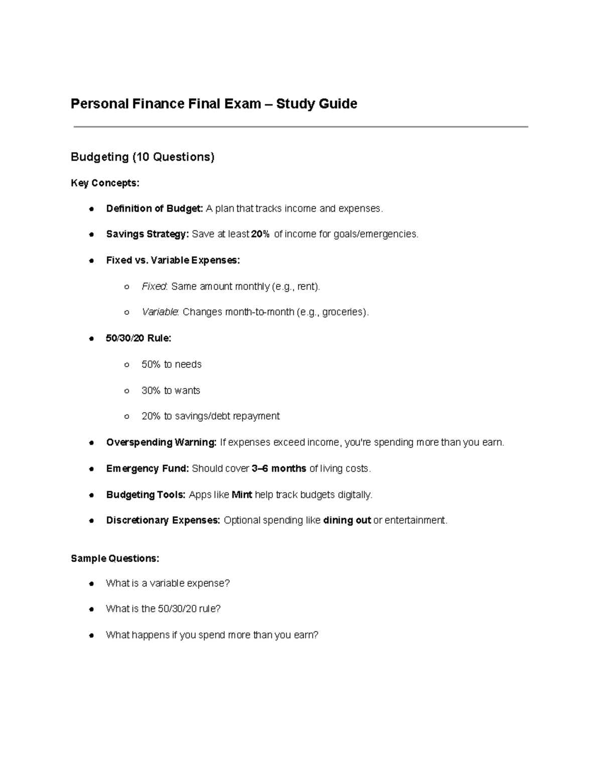 Personal Finance Final Exam Study Guide (PF101): Key Concepts ...