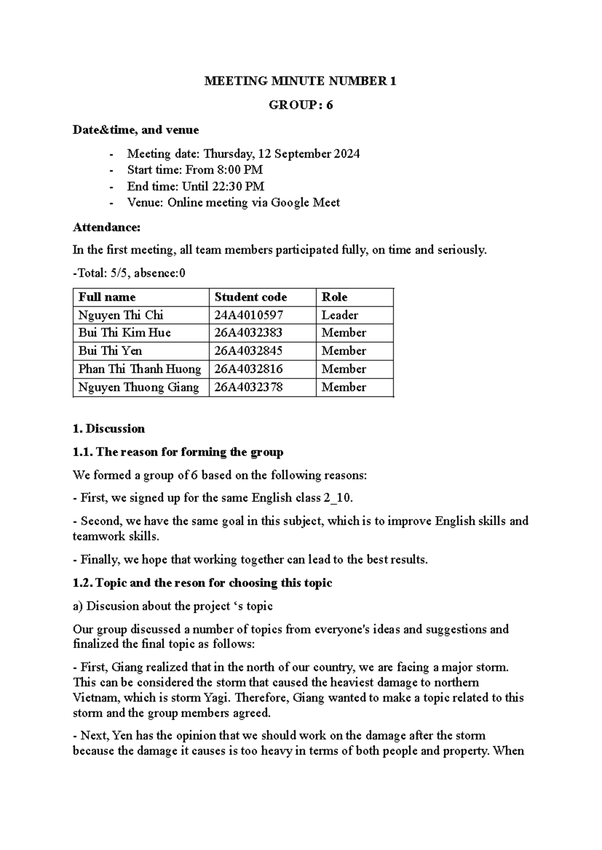 Meeting Minutes for Group 6 - First Meeting (Sep 12, 2024) - Studocu
