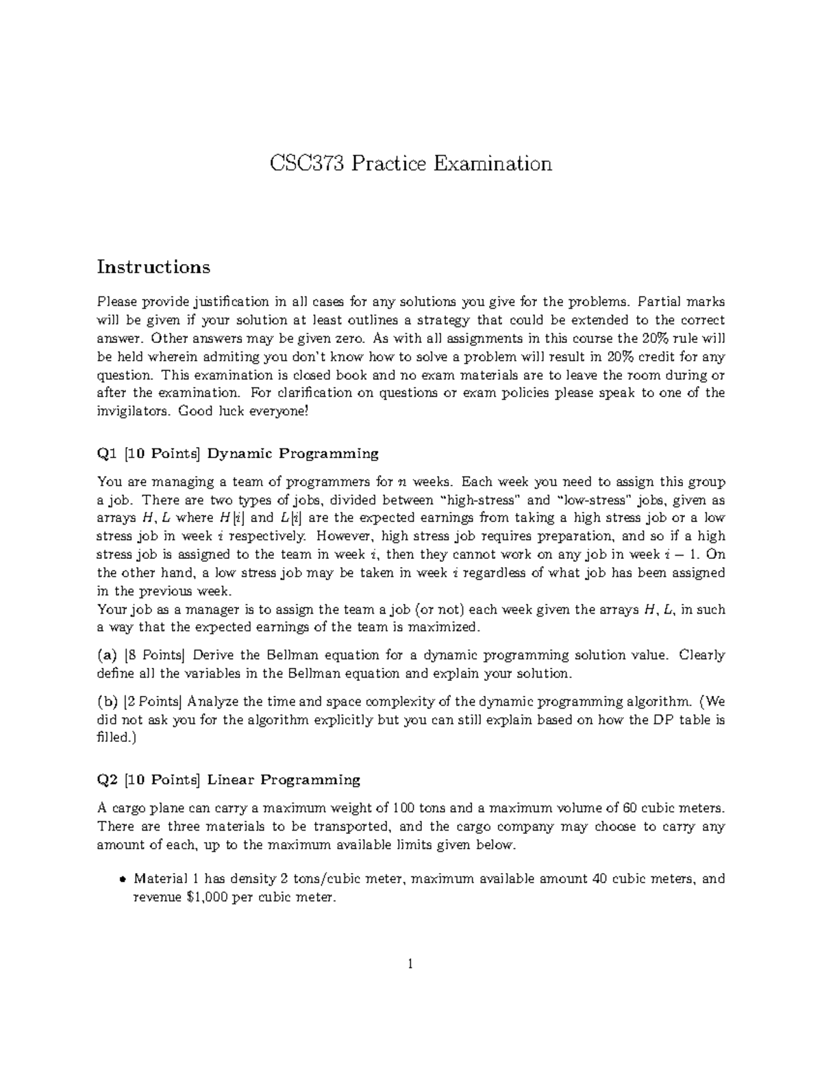 CSC373 Final Exam Practice Questions and Instructions - Studocu
